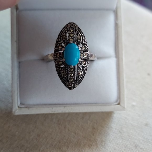 Marcasite and Turquoise Sterling ring Size 8 - Picture 2 of 7